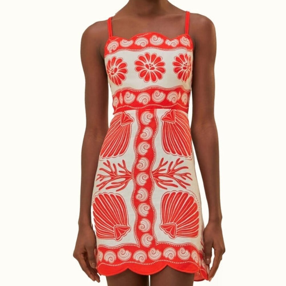 Farm Rio White Ainika Shell Euroflax Premium Linen Mini Party Dress Size XL Red